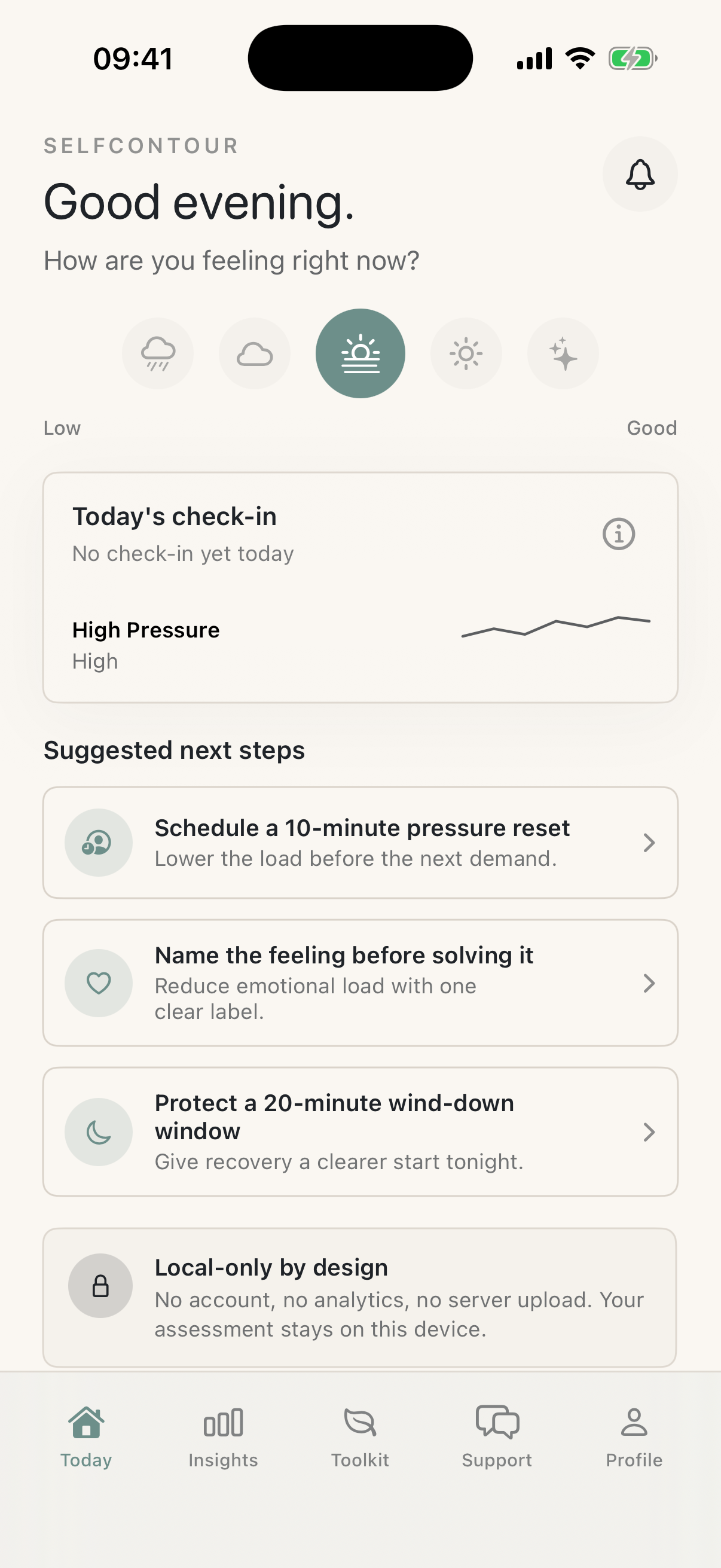 Screenshot of SelfContour Today screen with mood check-in and suggested next steps