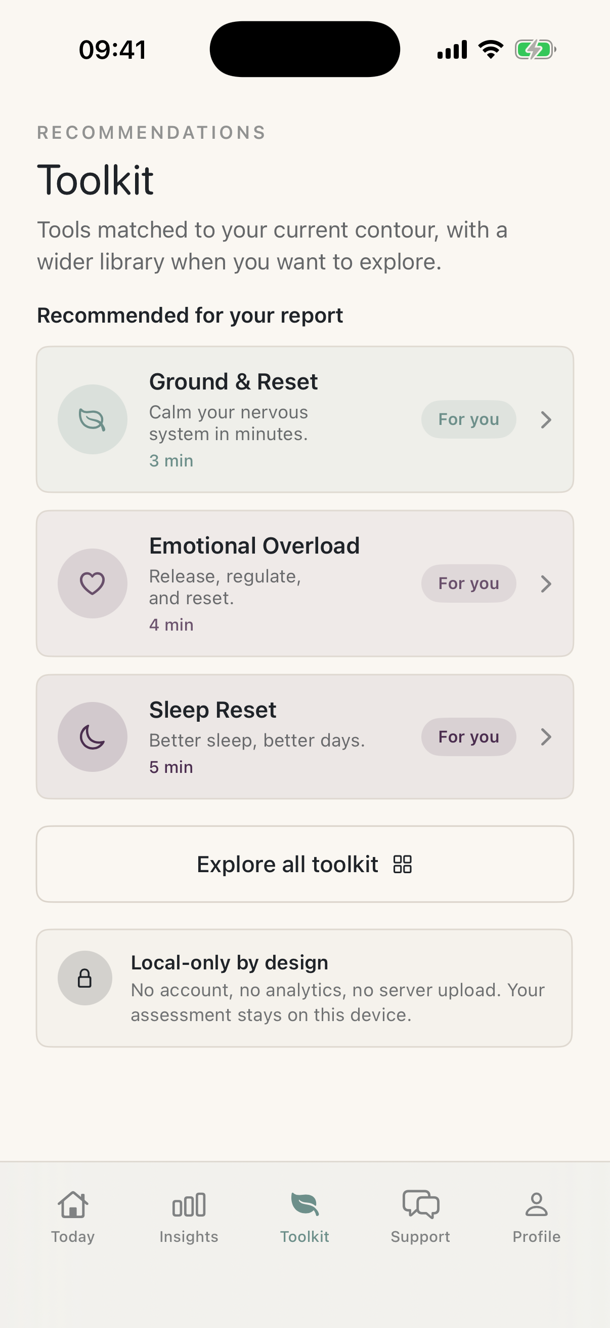 Screenshot of SelfContour Toolkit screen with recommended tools